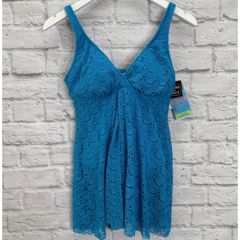 Swim Solutions One Piece Flyaway Slimming Swimsuit Teal Blue Size 10 Crochet New - Picture 2 of 8